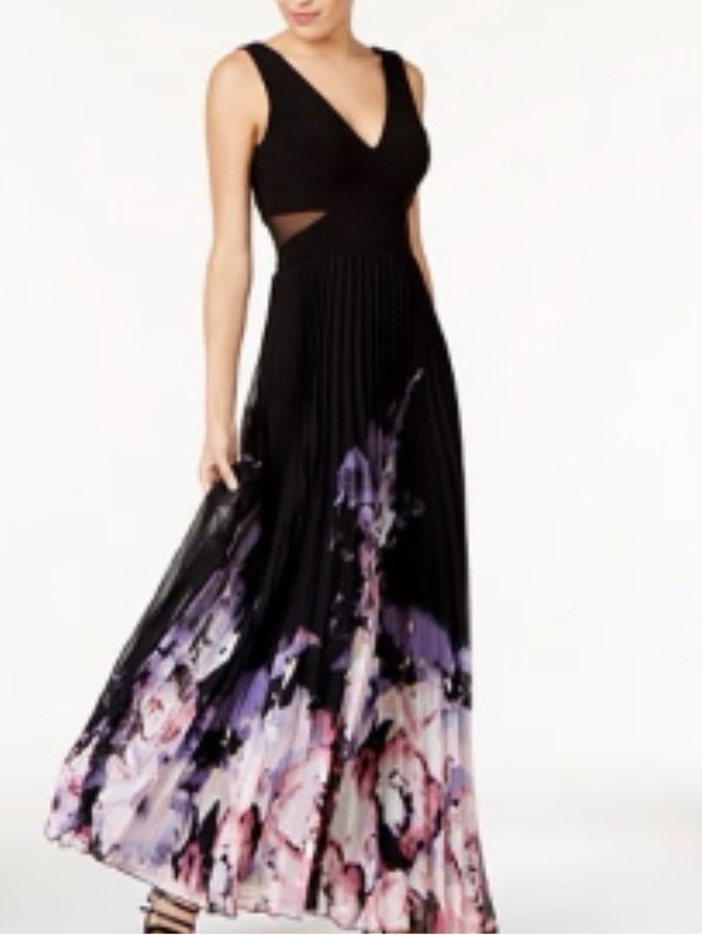 Xscape Black Maxi Dress with Purple and Pink Floral Hem